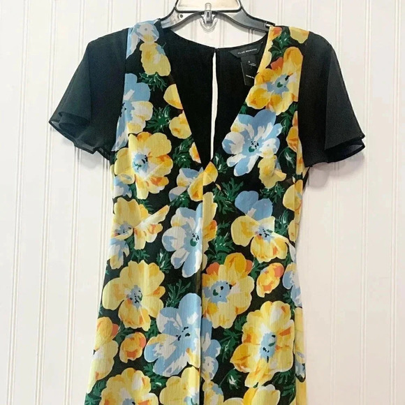 Club Monaco Size 4 Black Yellow Coran Floral Flutter-Sleeve Midi Dress NEW! - Picture 6 of 11